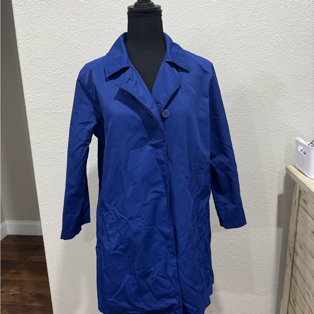 EILEEN FISHER Button-Up Swing Jacket w Pockets Deep Royal Blue Cotton/Nylon sz S - Picture 2 of 7